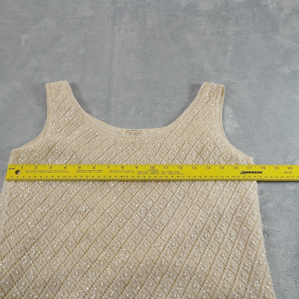 Vintage Hand Beaded Tank Womens 38 M Ivory Sequin Fringe Lambswool Camisole Top - Picture 8 of 13